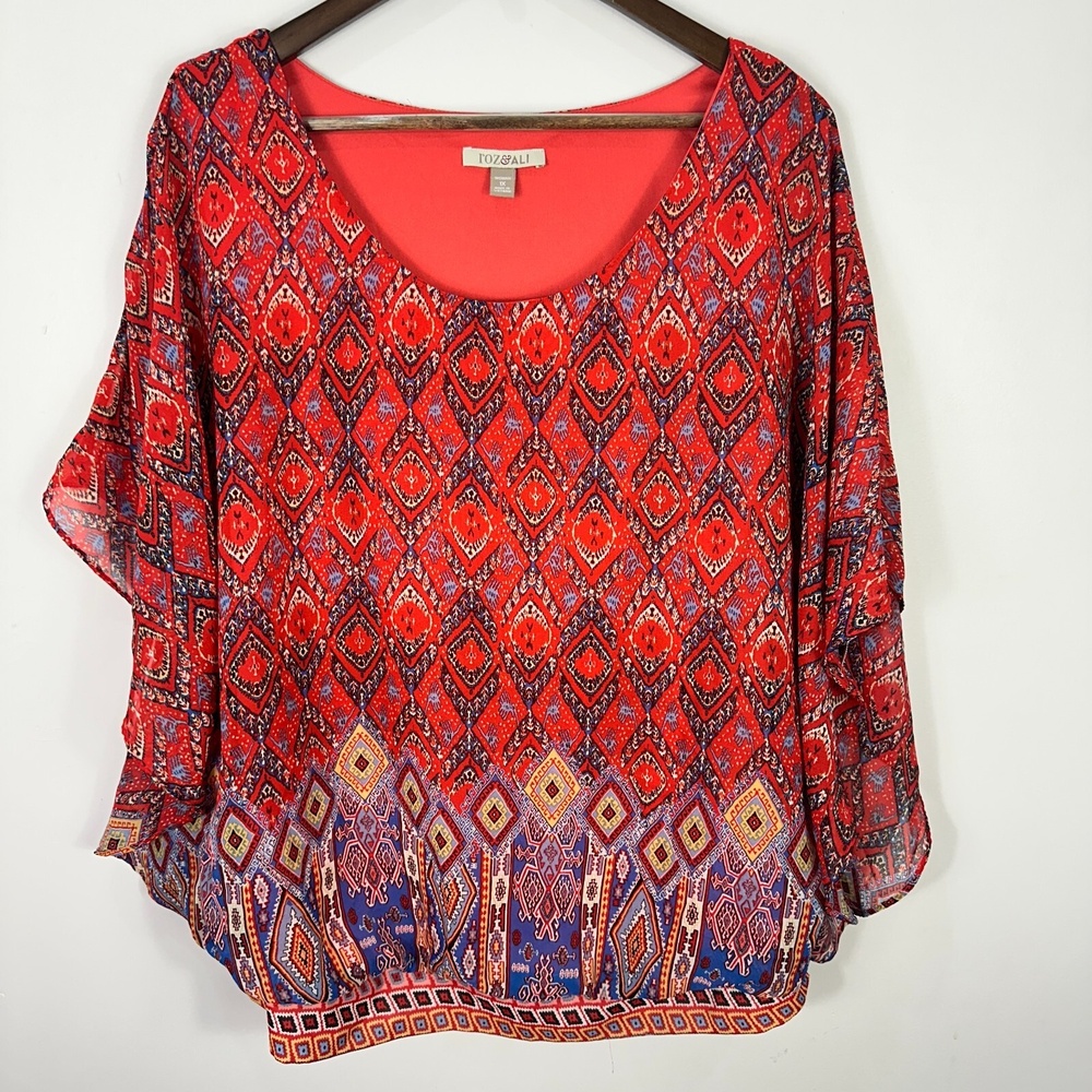 Roz & Ali Top 1X Red Boho Tribal Print Blouse Sheer Overlay Festival Flowy Artsy